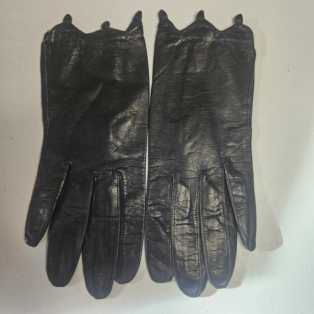 Vintage‎ Black Leather Crown Scalloped Wrist Gloves EU 50 Gothic Regal 50s 60s